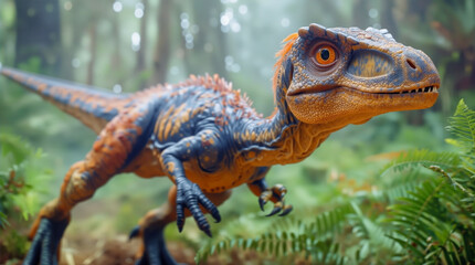 Obraz premium A dinosaur toy is positioned among lush green plants in a forest. Sunlight filters through the trees, highlighting details on the toy. The scene captures a moment of imagination and play