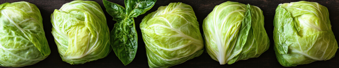 Fresh cabbage heads and leaves row on dark background, top view

