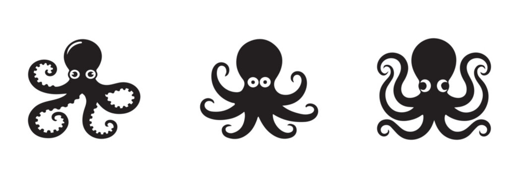 Set of five different black octopus icons showcasing curly arms for sea theme decoration and icon use