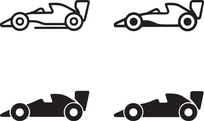 Isolated Race Car Icons, Race Car Black Minimal Vector Icons, Racing Vehicle UI Symbols, Four Identical Grid Layout Icons, Clean Modern App Web Sports Car Design Icons