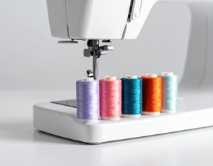 Close-up of colorful thread spools lined up on a modern sewing machine