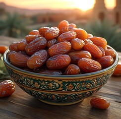Bowl of dried dates on wooden table with desert landscape at sunset dried fruit