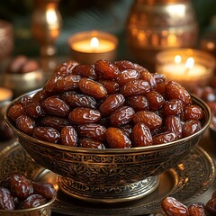 Bowl of dried dates with ornate gold detailing and glowing candles dried fruit