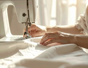 Close-up of hands guiding fabric through a sewing machine needle in soft natural light