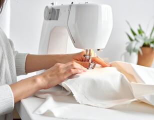 Close-up of hands operating a sewing machine to stitch white fabric with precision and care