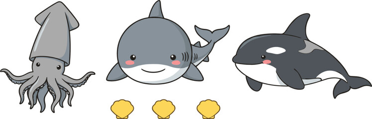 Obraz premium Cute ocean animal illustration set with squid shark and orca playful flat vector for kids