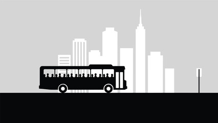 Obraz premium City Public Transportation Bus Silhouette with Passengers Driving on Road Against Urban Skyline Buildings and Skyscraper Background for Vector Graphic Design