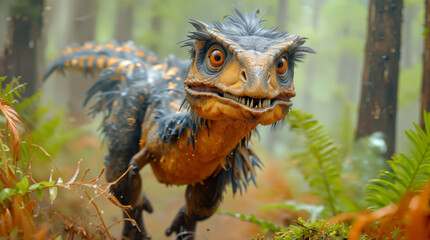 Obraz premium A dinosaur moves through a dense forest filled with tall trees and ferns. The atmosphere is misty and the scene is bright. The dinosaur has striking features and an active stance