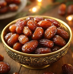 Close up of shiny brown dates in ornate golden bowl with bokeh lights date fruit dried fruit
