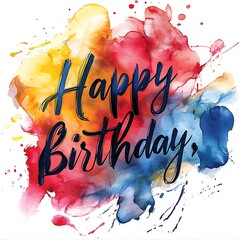 Dark blue script text Happy Birthday on vibrant watercolor splash lettering calligraphy