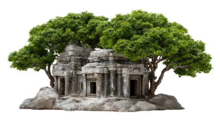 Ancient Ruins Enshrined: A majestic, weathered stone structure, embraced by the protective arms of lush, verdant trees, exudes an air of timeless tranquility.