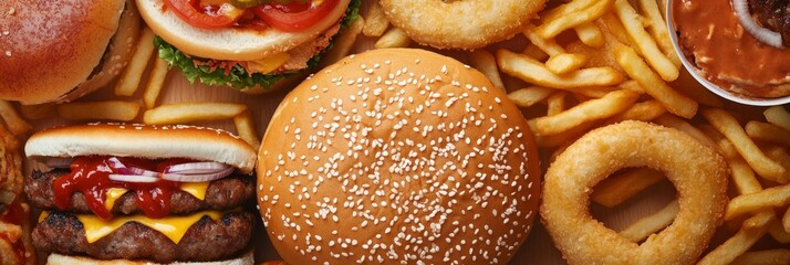 Assorted fast food items including burgers, fries, onion rings, and sauces arranged on a wooden surface, showcasing a delicious and indulgent meal experience