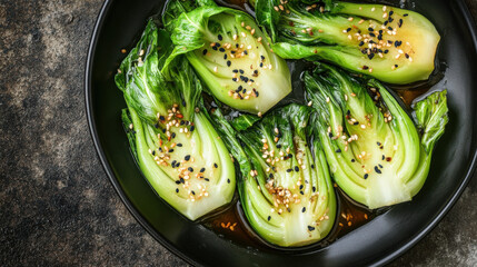 Braised bok choy halves with sesame seeds in soy sauce on black plate, top view

