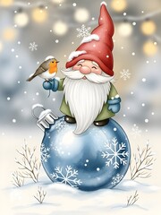 Gnome holding bird while standing on blue Christmas ornament in snow  