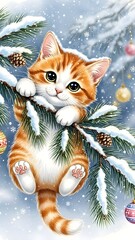 Playful orange kitten hanging on snowy Christmas tree branches  