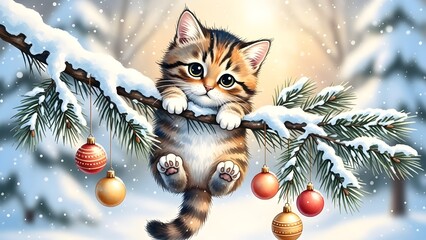 Beautiful cat on a pine branch, New Year atmosphere
