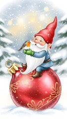 Charming gnome hugging a bird while sitting on a Christmas ornament  