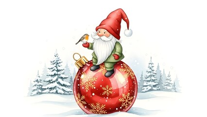 Cartoon gnome sitting on Christmas ornament in winter landscape  