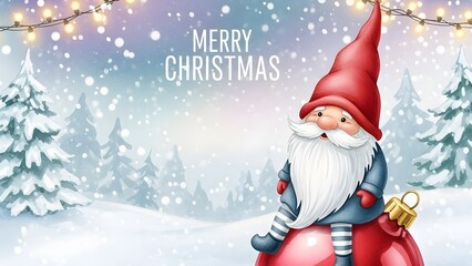 Christmas gnome sitting on a red ornament in snowy winter landscape, greeting card  
