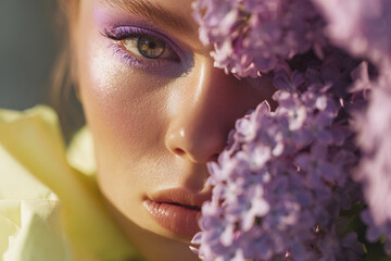 Fashion model posing with purple flowers and matching makeup