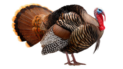 Majestic Turkey: A close-up view of a vibrant turkey, showcasing its intricate plumage. The bird stands with a proud stance, its details highlighted with striking colors and textures.