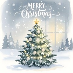 Christmas tree decorated with lights and ornaments in snowy landscape  