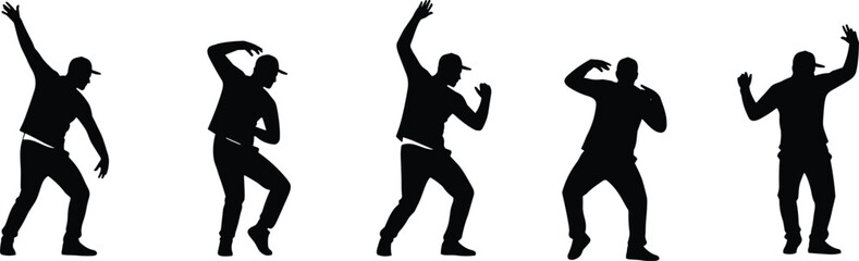 Obraz premium Set of Energetic Male Street Dancer Silhouettes in Action Poses Wearing Casual Hip Hop Apparel Isolated on White Background Vector