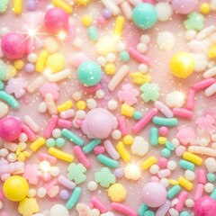 Generative AI,  Bright and lovely Christmas abstract background scattered with colorful sprinkles and mini ornaments.