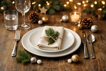 Elegant Christmas Table Setting with Candlelight and Bokeh