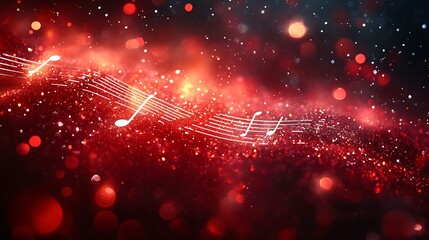 Glowing red glitter dust with white musical notes and bokeh lights sheet music sparkle