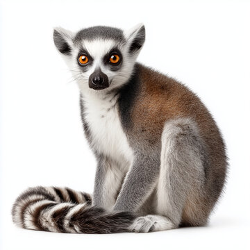 AI-generated image - A striking close-up portrait of a ring-tailed lemur (Lemur catta), known for its large, amber eyes and iconic black-and-white striped tail, set against a clean white background.