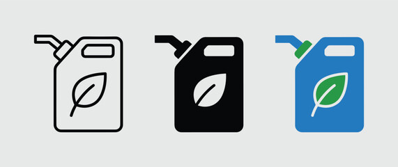Fuel Canister Icons in Various Styles with Leaf Symbol for Eco-Friendly Energy Solutions