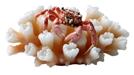 Coral Haven: A captivating image showcases a vibrant coral formation hosting a solitary crab, painted with shades of red, and set amidst a backdrop of bright light. 