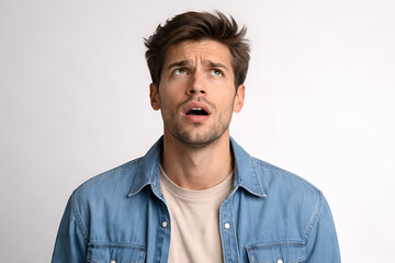 Fototapeta premium Confused Man Looking Up, Questioning. Doubt Concept Portrait