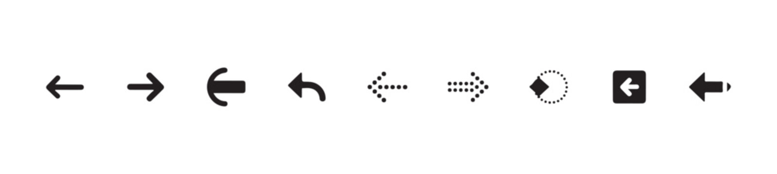 Set of diverse directional arrows including solid outline dotted and filled types for digital media interaction