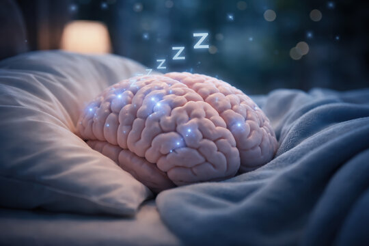 Brain sleep dream neuroscience rest soft pillow with glowing star and zzz above a resting brain evoking peaceful memory consolidation and calm