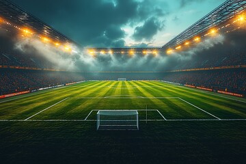 Illuminated Soccer Stadium with Green Field and Cloudy Sky football stadium sports arena