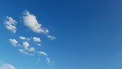 Scattered white clouds on a clear blue sky background with copy space.