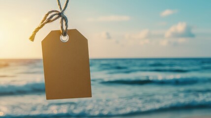 Blank Tag Hanging Over Calm Ocean at Sunset with Soft Waves