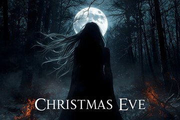 Dark Christmas Eve with Mysterious Figure and Full Moon