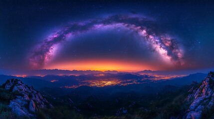 Panoramic view of the Milky Way galaxy over a glowing city at dusk night sky stars