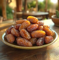 Pile of shiny brown dates on a textured ceramic plate on a wooden table dried fruit