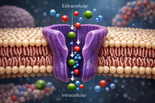 Extracellular intracellular ion channel cell membrane membrane transport facilitated diffusion depicting protein pore in lipid bilayer moving ions through selective channel