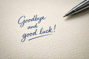 Fototapeta premium Goodbye good luck handwritten farewell sentimental note pen paper ink handwriting conveying warm sincerity and hopeful emotion on textured cream paper with metal ballpoint nearby