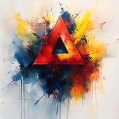 Red triangle abstract explosion of blue yellow and white paint image