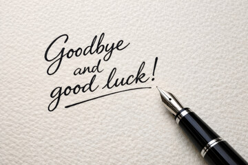 Farewell luck goodbye handwritten wish sentiment A handwritten 'Goodbye and good luck!' note on textured paper beside a fountain pen conveying warm sincere farewell emotion