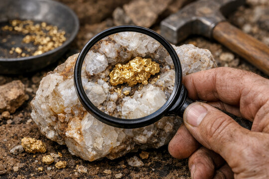 Gold nugget quartz magnifier hand magnifier reveals nugget in quartz as hand inspects texture evoking discovery and careful field prospecting