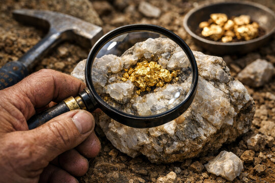 Gold nugget mining quartz exploration examine a prospector using a magnifying glass to a gold vein feeling excitement and accomplishment during outdoor prospecting