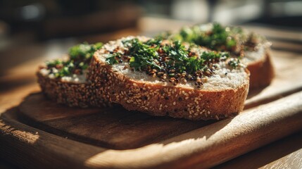 Delicious Sesame Seed Bread Topped with Fresh Herbs on a Wooden Board