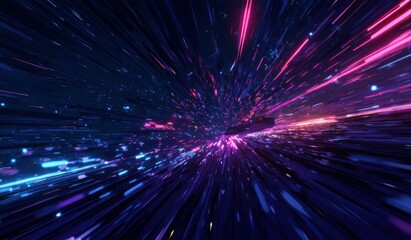 Abstract space tunnel with light streaks and digital effects